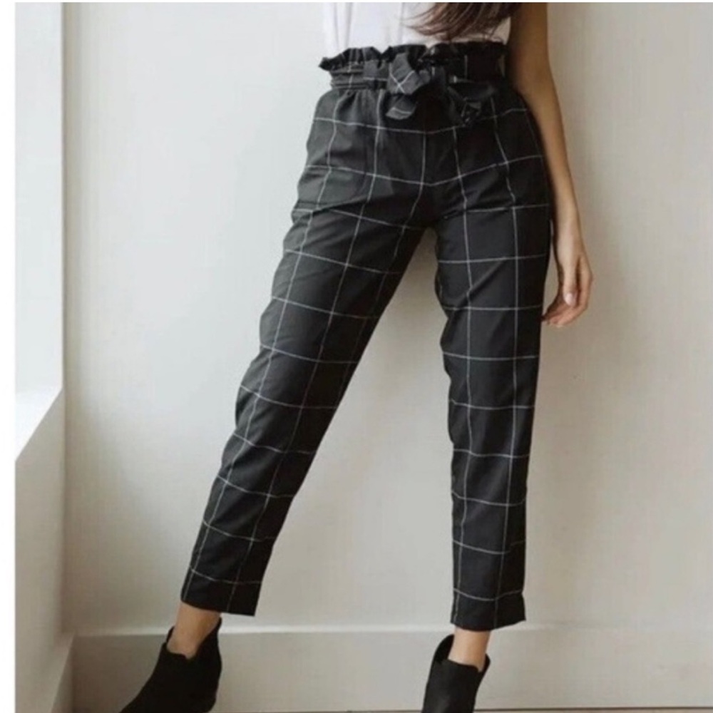 Albion Black and White windowpane Paperbag Pants